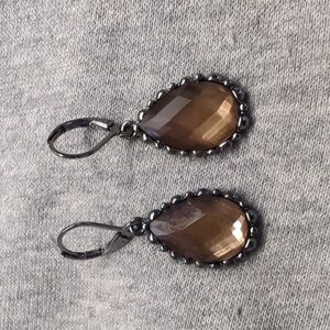 Joan Rivers Teardrop Faux Stone Earrings Gunmetal Tone Brown Crystal Leverback